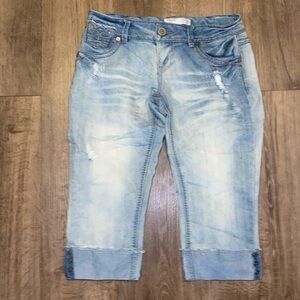 Light Blue Jean Ripped Cuffed Capris